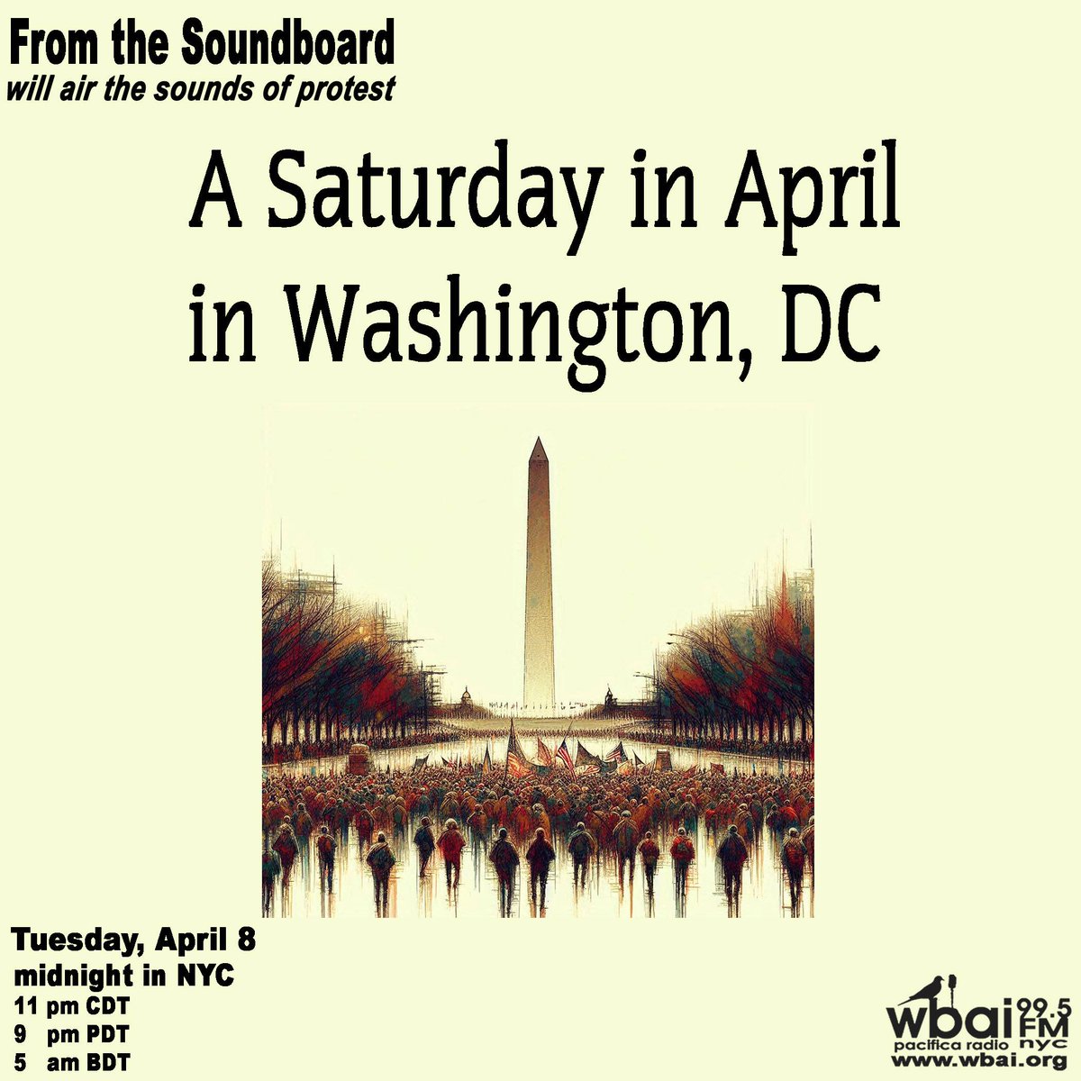 WBAI New York at 99.5 FM, streaming at wbai.org (@wbai) on Twitter photo 4/8 midnight (that' Monday into Tuesday) #FromtheSoundboard will air the sounds activism in #WashingtonDC <a href="/palyouthmvmt/">Palestinian Youth Movement</a> <a href="/PeoplesForumNYC/">The People's Forum</a> <a href="/pslnational/">Party for Socialism and Liberation</a> <a href="/fusicology/">FUSICOLOGY</a> <a href="/jvplive/">Jewish Voice for Peace</a> <a href="/answercoalition/">ANSWER Coalition</a> <a href="/USCPR_/">USCPR #StopArmingIsrael</a> <a href="/deepdancenyc/">Reggie Johnson</a> rebrand.ly/FTSB-Apr5Was 4/8 midnight (that' Monday into Tuesday) #FromtheSoundboard will air the sounds activism in #WashingtonDC <a href="/palyouthmvmt/">Palestinian Youth Movement</a> <a href="/PeoplesForumNYC/">The People's Forum</a> <a href="/pslnational/">Party for Socialism and Liberation</a> <a href="/fusicology/">FUSICOLOGY</a> <a href="/jvplive/">Jewish Voice for Peace</a> <a href="/answercoalition/">ANSWER Coalition</a> <a href="/USCPR_/">USCPR #StopArmingIsrael</a> <a href="/deepdancenyc/">Reggie Johnson</a> rebrand.ly/FTSB-Apr5Was