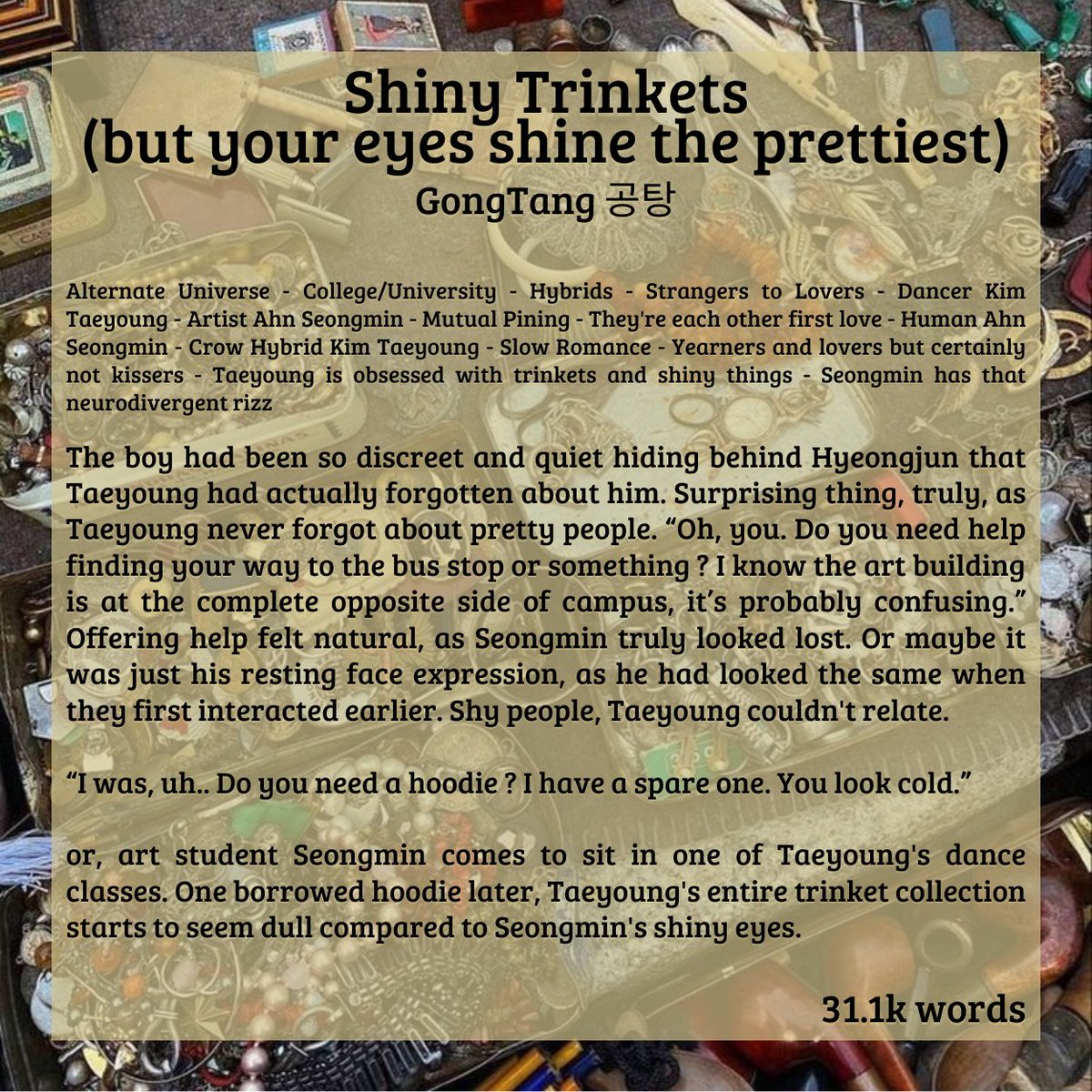 featherain_'s tweet photo. Shiny Trinkets (but your eyes shine the prettiest) - gongtang/공탕 
Teens and Up — 31.1k words, one shot
https://t.co/CNsJsemArn https://t.co/xTs2Yzz4E4