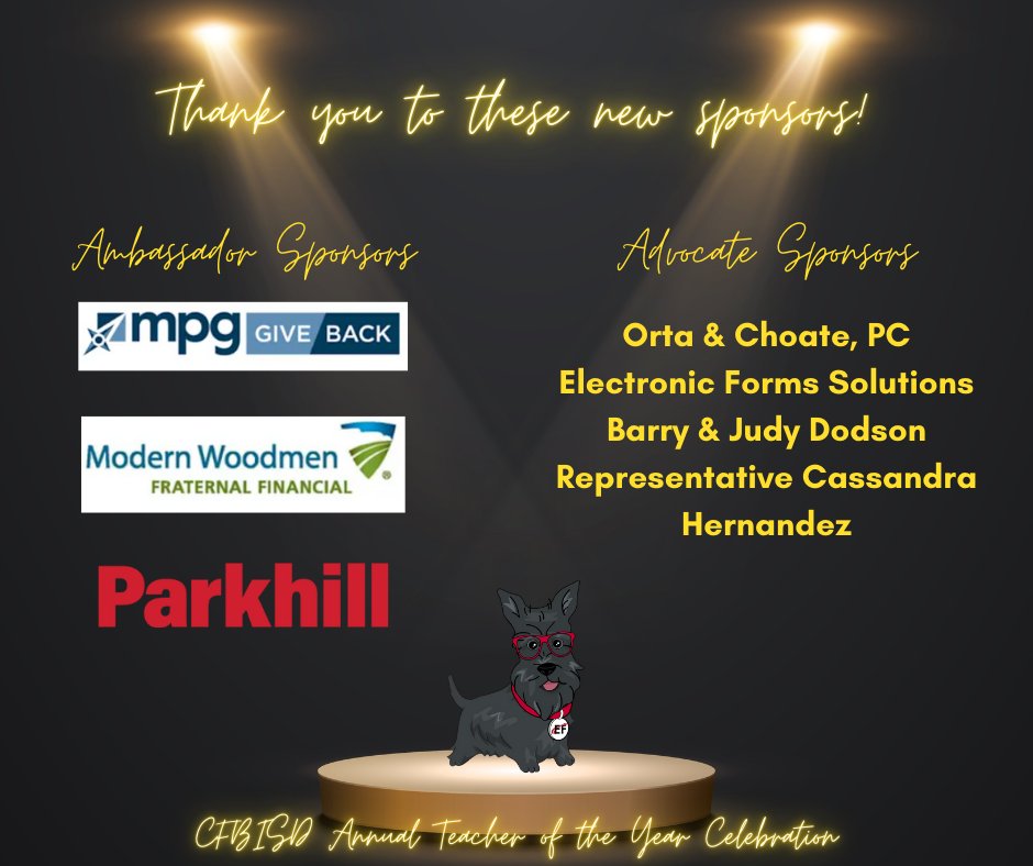 CFBEducationalFoundation (@cfbisdef) on Twitter photo We are so grateful for the continued support for the CFBISD Teacher of the Year event!  A big thank you to these most recent Ambassador and Advocate Sponsors. We are so grateful for the continued support for the CFBISD Teacher of the Year event!  A big thank you to these most recent Ambassador and Advocate Sponsors.