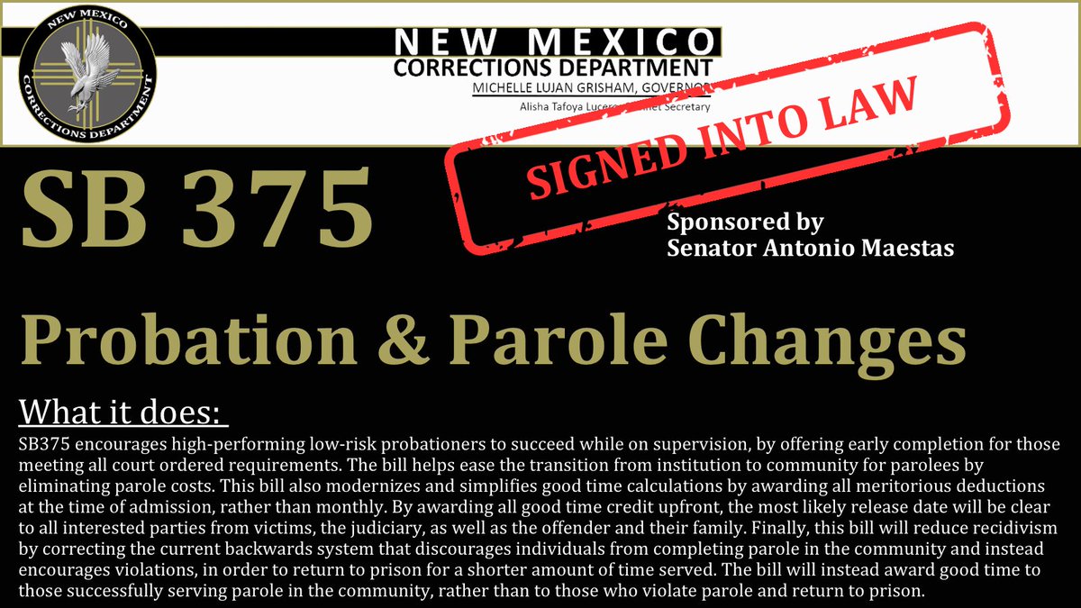 Senate Bill 375, the "Probation &amp; Parole Changes" bill was signed into law today by Governor Michelle Lujan Grisham.

#newmexico 
#publicsafety 
#probation 
#parole 
#corrections