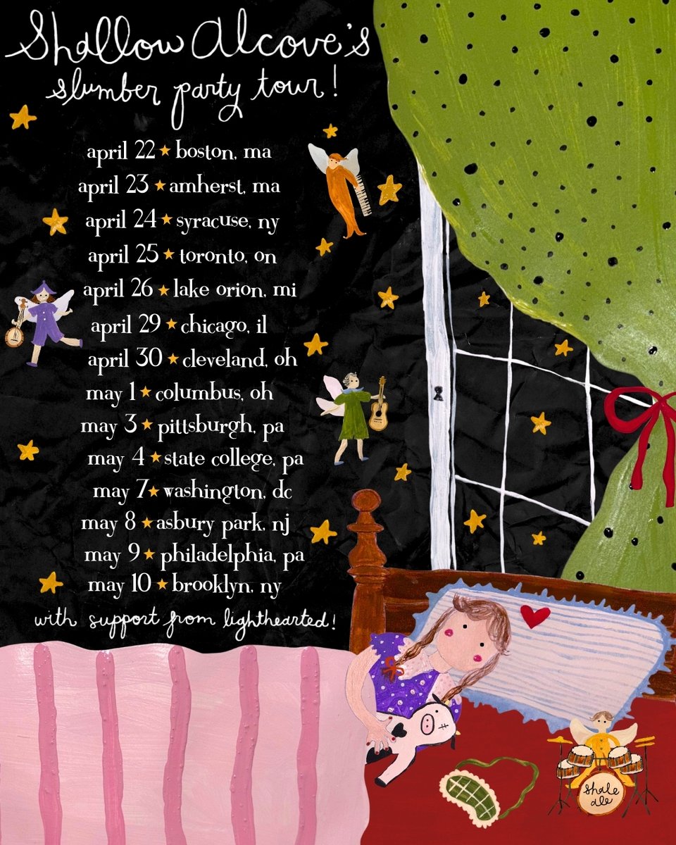 just a few weeks until the sleepover tour! we are plotting and rehearsing and guess what! you will hear all of the unreleased songs on our upcoming ep “doggy paddle” early if you come to these shows 🥰 

shallowalcove.com/shows