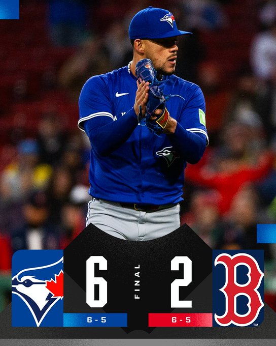 Final: Blue Jays 6 (6-5), Red Sox 2 (6-5)
Pictured: José Berríos claps while walking off the mound at Fenway Park. He is wearing a blue alternate Blue Jays jersey with a blue hat and gray pants.