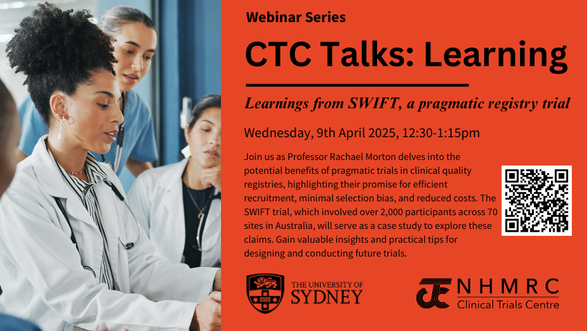 NHMRC CTC (@trialscentre) on Twitter photo 📢 Don’t miss tomorrow’s #CTCTalks: Learning! Join us as <a href="/RachaelMorton12/">Rachael Morton</a> delves into the potential benefits of pragmatic trials in clinical quality registries, using the #SWIFTTrial as a case study. Gain valuable insights and practical tips for designing and conducting 📢 Don’t miss tomorrow’s #CTCTalks: Learning! Join us as <a href="/RachaelMorton12/">Rachael Morton</a> delves into the potential benefits of pragmatic trials in clinical quality registries, using the #SWIFTTrial as a case study. Gain valuable insights and practical tips for designing and conducting