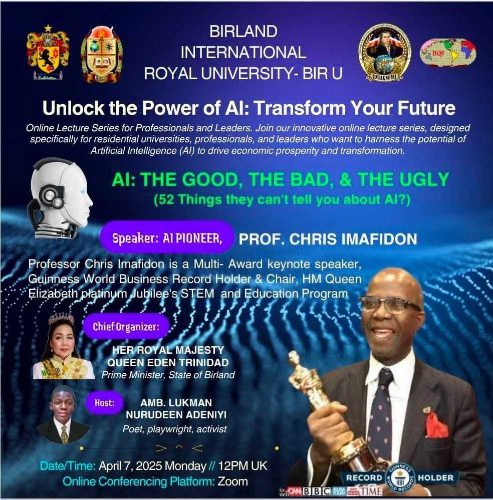 On behalf of the BIRLAND INTERNATIONAL ROYAL UNIVERSITY- <a href="/BirlandU/">Birland International Royal University BIR-U</a>
 the State of Birland &amp; the 23 participants, we are sending our utmost gratitude  to you Prof. Chris Imafidon for that very rich lecture you delivered today. 
We are looking forward to our hybrid conference.