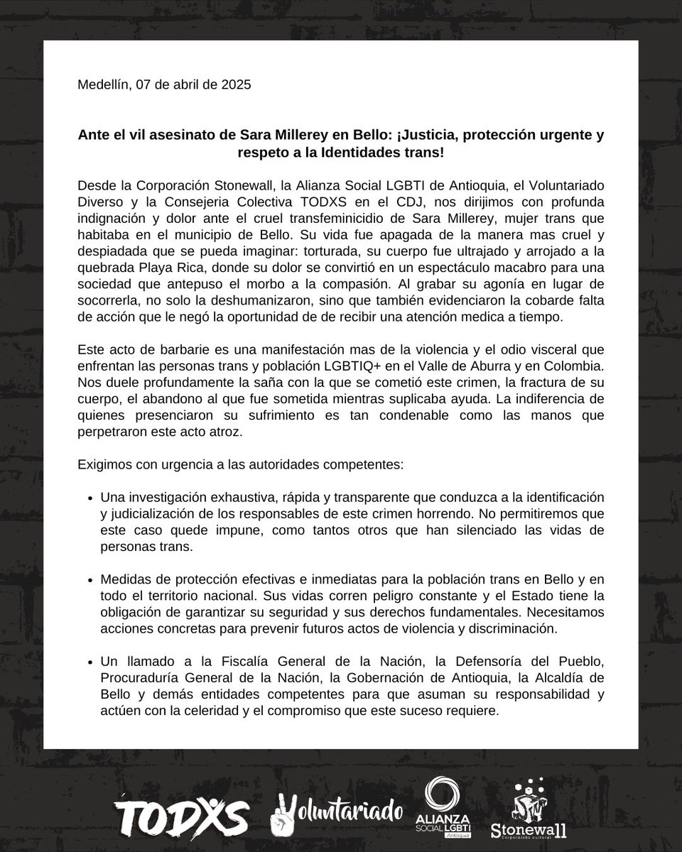 AlianzaLGBTI's tweet photo. ¡Nos siguen matando! 🏳️‍⚧️🏳️‍🌈💔

El transfeminicidio de Sandra ✨en Bello nos duele profundamente. Su sufrimiento clama justicia. Exigimos a las autoridades investigación inmediata y medidas de protección reales para las personas trans.

@Lore_GonzalezOs @DefensoriaCol https://t.co/5ZcFdBQG3J