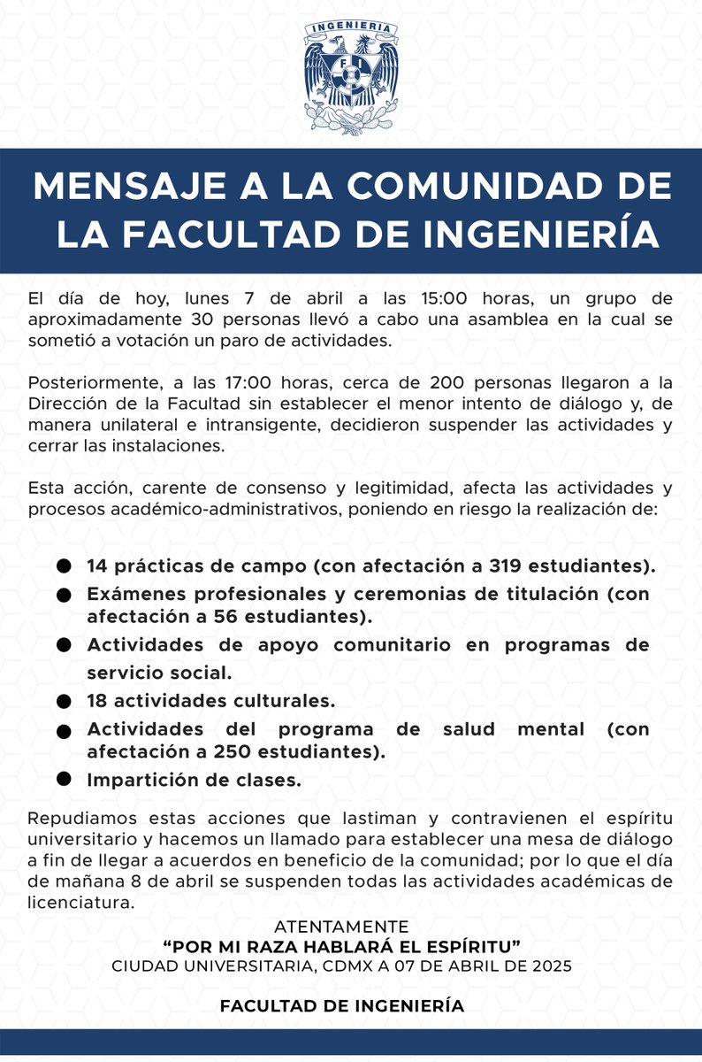 Ingeniería UNAM (@fiunam_mx) on Twitter photo Mensaje a la comunidad de la Facultad de Ingeniería.
<a href="/die_fi_unam/">División de Ingeniería Eléctrica</a> <a href="/DICT_FIUNAM/">División de Ingeniería en Ciencias de la Tierra</a> <a href="/dicyg/">DICyG - FI</a> <a href="/DIMEIFIUNAM/">DIMEIFIUNAM</a> <a href="/uatUnam/">Unidad de Alta Tecnología</a> <a href="/SocialesyHum_FI/">DCSyH FI UNAM</a> Mensaje a la comunidad de la Facultad de Ingeniería.
<a href="/die_fi_unam/">División de Ingeniería Eléctrica</a> <a href="/DICT_FIUNAM/">División de Ingeniería en Ciencias de la Tierra</a> <a href="/dicyg/">DICyG - FI</a> <a href="/DIMEIFIUNAM/">DIMEIFIUNAM</a> <a href="/uatUnam/">Unidad de Alta Tecnología</a> <a href="/SocialesyHum_FI/">DCSyH FI UNAM</a>
