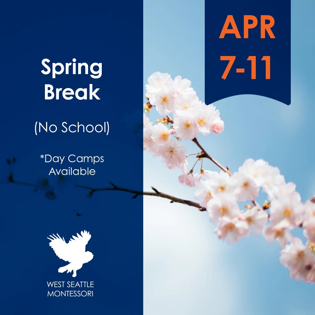 wsms_montessori's tweet image. Spring Break!

April 7-11

We hope everyone enjoys their SPRING BREAK!

No School

*Day Camps Available

#springbreak #springbreak2025 #wsms #westseattlemontessori #greatseattleschools #burien #greatburienschools #westseattle #mindfulleaders #globalthinkers #arborheights #seattle