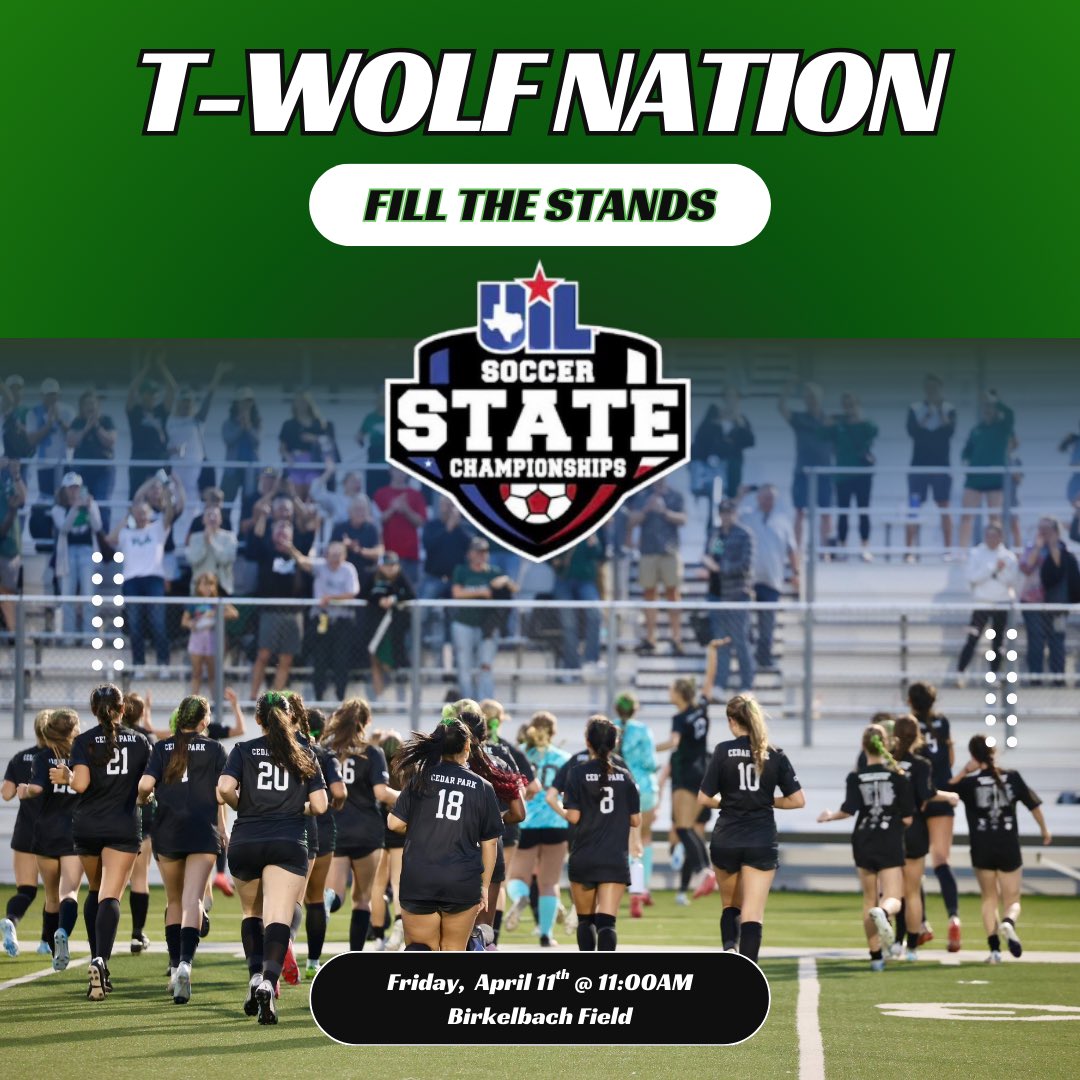 Let's pack the stands at Birkelbach Stadium Friday morning @ 11am for the title match against Wakeland!

<a href="/cphsvb2018/">Cedar Park HS 🏐Ball</a> @CPLadyWolves <a href="/CPHS_Sports/">CPHS Sports</a> <a href="/CPMSathletics/">Cedar Park MS Athletics</a> <a href="/cphswrestling/">Cedar Park HS Wrestling</a> <a href="/CPHSBAND/">CPHS Band</a> <a href="/Cedar_ParkFB/">Cedar Park Football 2025</a> <a href="/CedarParkBSBL/">Cedar Park Baseball</a> <a href="/cphstennis/">Cedar Park HS Tennis</a> <a href="/CPHSAthleticTr1/">CPHS_AthleticTraining</a> <a href="/CoachQCPProud/">Coach Q</a> <a href="/LeanderisdATH/">Leander ISD Athletics</a>