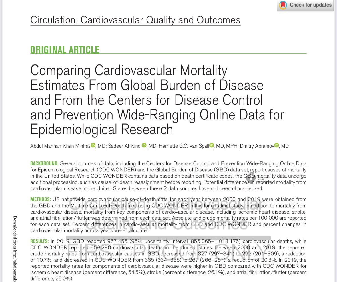 Harriette Van Spall, MD MPH 🇨🇦 (@hvanspall) on Twitter photo Do you publish epidemiologic #data?
An analysis led by <a href="/AbdulMannan5465/">Abdul Mannan Khan Minhas</a> <a href="/DmitryAbramovMD/">Dmitry Abramov</a> demonstrates how different datasets produce different estimates for same dz. How data are classified & handled matter
Check out #CDCWONDER vs #GBD #CVD ☠️ estimates
ahajournals.org/doi/10.1161/CI… Do you publish epidemiologic #data?
An analysis led by <a href="/AbdulMannan5465/">Abdul Mannan Khan Minhas</a> <a href="/DmitryAbramovMD/">Dmitry Abramov</a> demonstrates how different datasets produce different estimates for same dz. How data are classified & handled matter
Check out #CDCWONDER vs #GBD #CVD ☠️ estimates
ahajournals.org/doi/10.1161/CI…