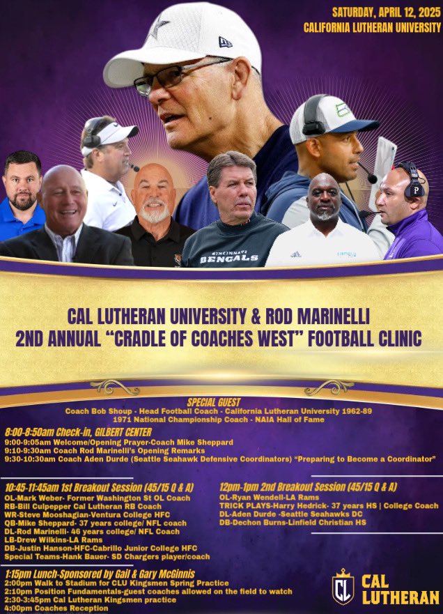 Saturday April 12th Cradle of Coaches Clinic here at Cal Lu! Great opportunity for local football coaches!