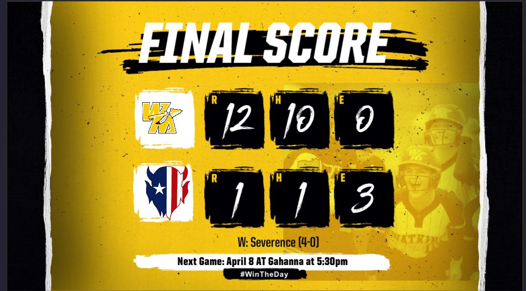 We get to 1-0 tonight! #WonTheDay
Defense still playing lock down!!

Langwasser 3-4,RBi, R, 3B
Tellings 3-4, 2Rbi, 3R, 2B, SB
Taggart 2-3, 2Rbi, R, BB, SB
Gerhardt 1-3, 2Rbi, R, 2B
Trouten 1-3, rbi,R, 2B, SB

Severance (w) 2in, ER, H, BB, 5K
Tellings 3in, 6K, 0H, 0R