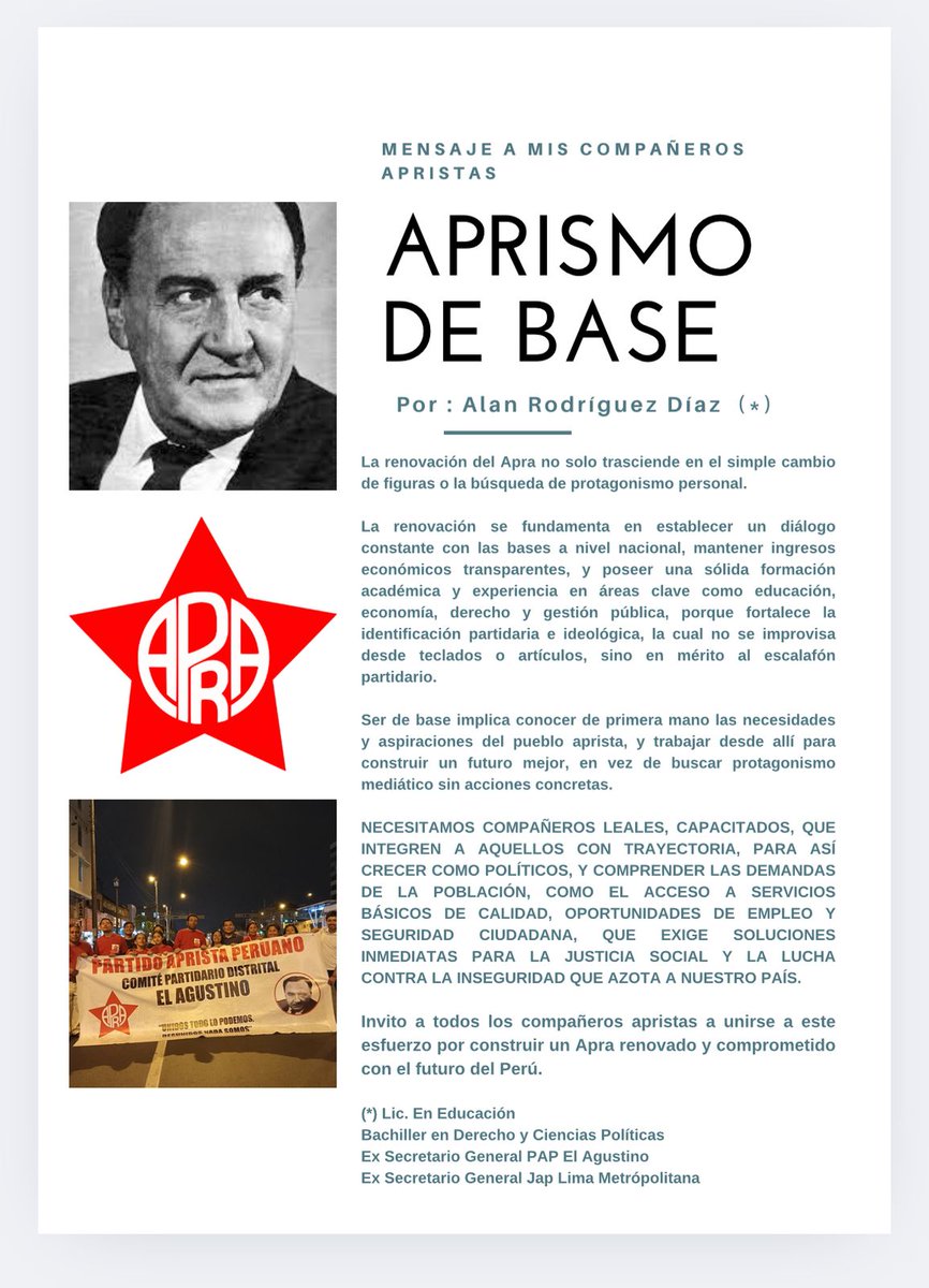 AlanRodriguezD's tweet photo. Comparto mi artículo sobre la renovación del Partido de Haya de la Torre. #AprismoDeBase #APRA
@elcomercio_peru
@Politica_ECpe 
@larepublica_pe
@larepublica_co https://t.co/mJMJkluPbQ