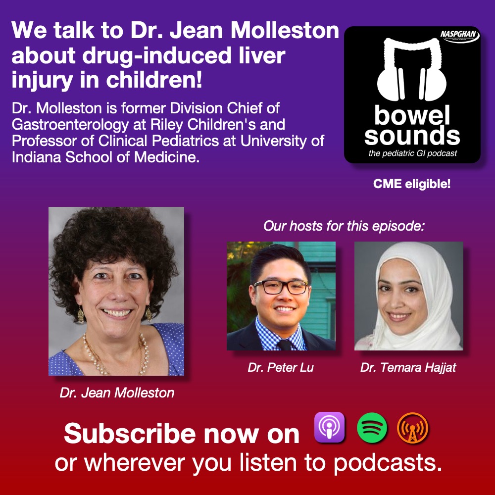 In our new episode, Dr. Jean Molleston from <a href="/RileyChildrens/">Riley Children's</a> talks to <a href="/PLLU/">Peter L. Lu, MD, MS</a> &amp; <a href="/temarahajjat/">Temara Hajjat, MD</a> about drug-induced #liver injury in children or DILI. 💊

She reviews common culprits, making the diagnosis, and talks us through several cases. Don't miss it!

🎧 buzzsprout.com/581062/episode…