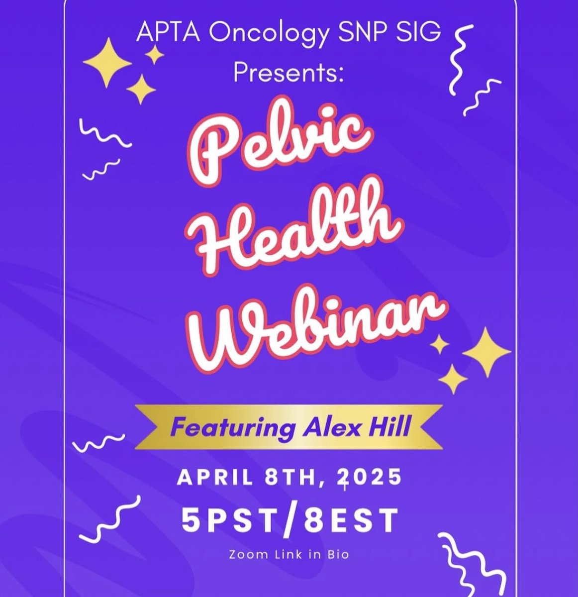 Join us for our 3rd webinar in our series on the topic of pelvic health. We are honored to be joined by Alex Hill for this one! This webinar will be held on Tuesday, April 8th at 5pm PST/8pm EST, so see you all tomorrow! 
Zoom link : us06web.zoom.us/j/83849874640?…

#aptatopics