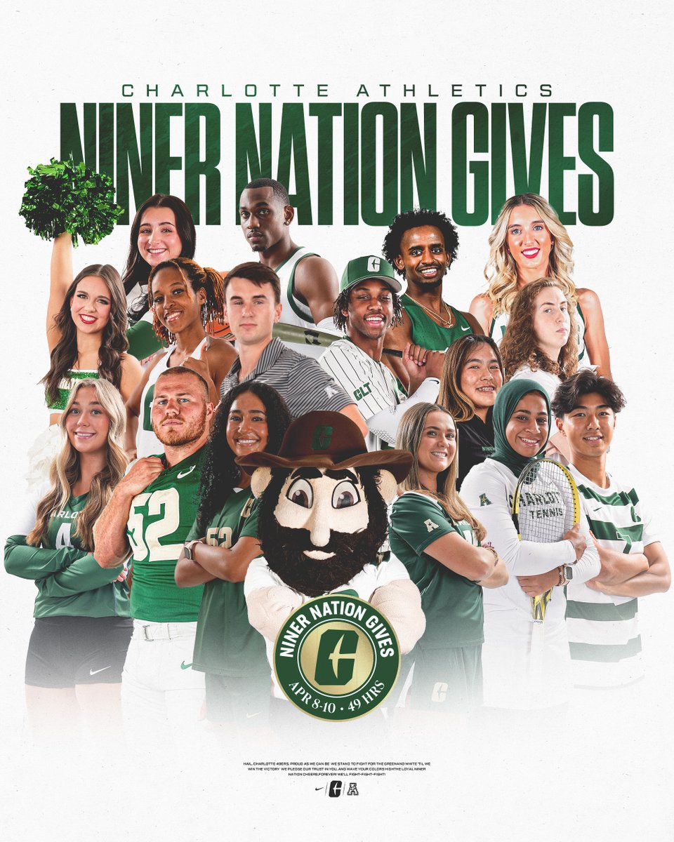 🚨 #NinerNationGives starts NOW! 🚨
For the next 49 hours, you have the power to make a difference in the lives of Charlotte 49ers student-athletes. Every Niner plays a role in shaping our university’s future! 💚🏆

Let’s give For the Love of Charlotte—because when we give