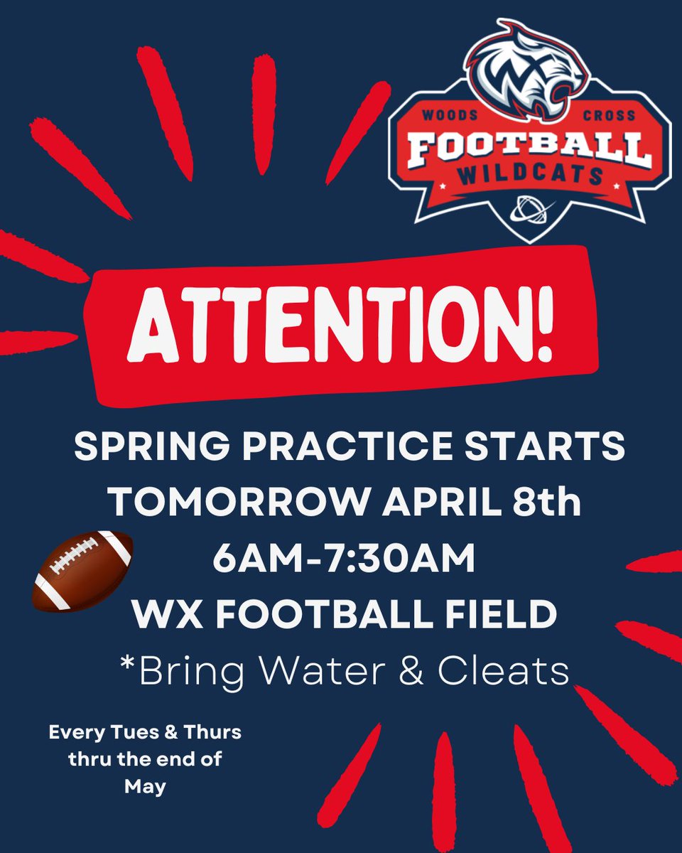 Spring Practice starts Tomorrow! 
Tuesday April 8th @ 6AM! *Bring water &amp; cleats