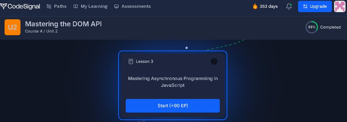 arai_kenichiro's tweet image. #CodeSignal
「Comprehensive Introduction to Front-End Engineering」
codesignal.com/learn/paths/co…
353 days
Course 4 - 33%
Mastering the DOM API
Unit 2
5/5