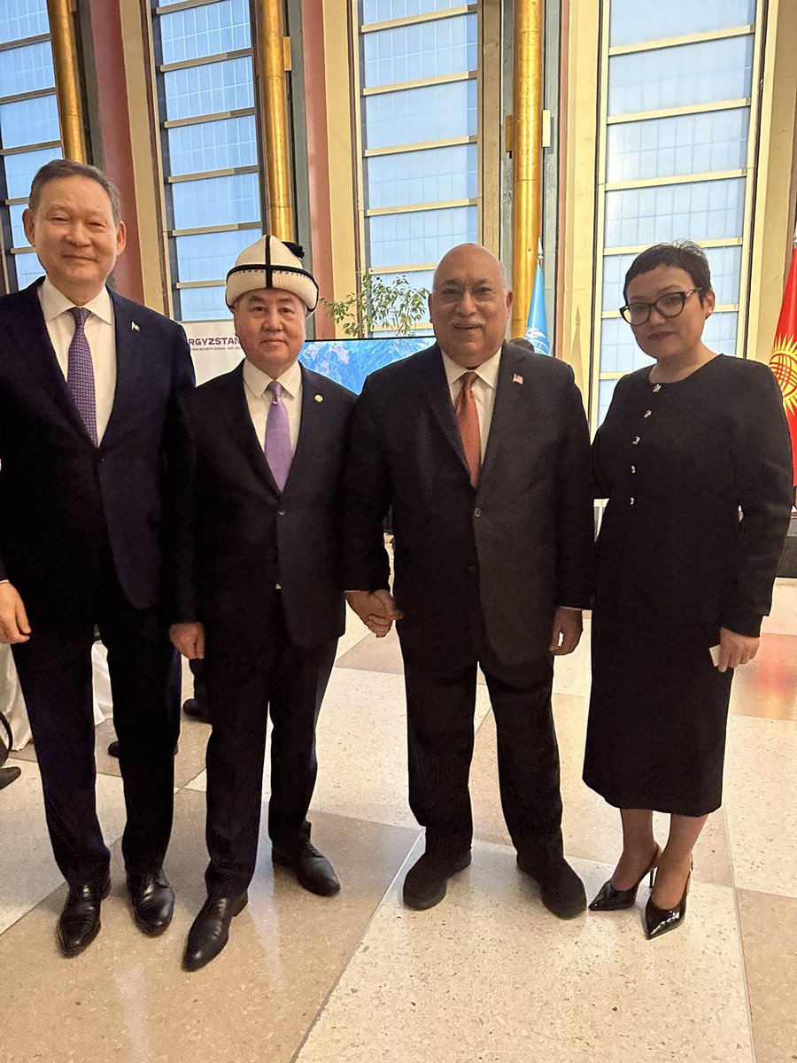 RaviBatra's tweet photo. I🇺🇸enjoyed discussing - in a light hearted manner, a serious topic - with dear @kasymalieva_a (@KyrgyzMissionUN) and her dear F. M. Zheenbek Kulubaev  @MFA_Kyrgyzstan, along with dear Aibek Moldogaziev (@kgembassy), why Central Asia & Kyrgyzstan serving on the UN Security Council is worthy, if it enhances global peace & security. 
@RanjuBatra & I were joined by many friends, including, @AmbKazUN and @TofigMusayev…

@SecRubio @USUN 
@RepBrianMast @RepGregoryMeeks @SenatorRisch @SenatorShaheen