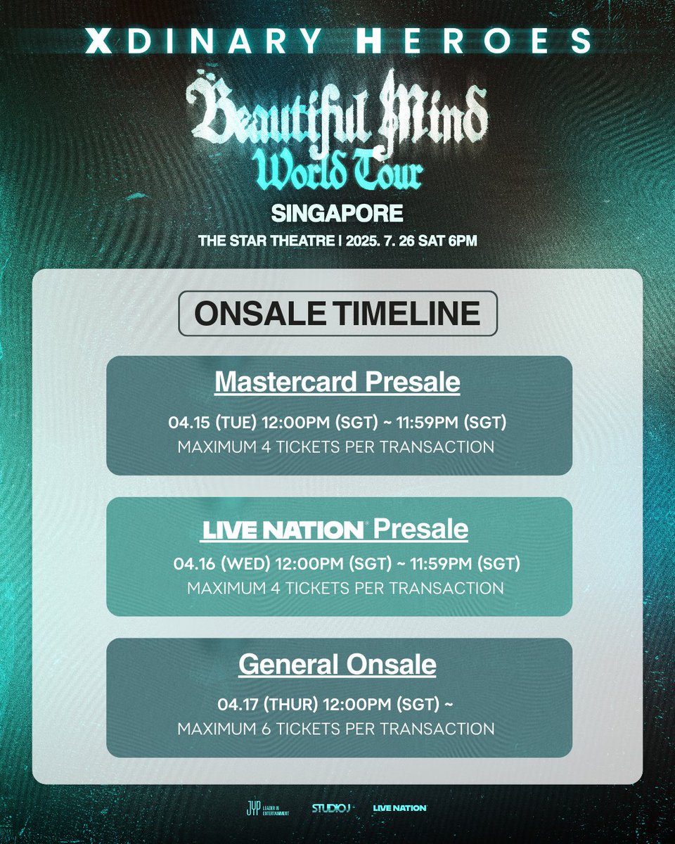 𝐗𝐝𝐢𝐧𝐚𝐫𝐲 𝐇𝐞𝐫𝐨𝐞𝐬 <𝐁𝐞𝐚𝐮𝐭𝐢𝐟𝐮𝐥 𝐌𝐢𝐧𝐝> 𝐖𝐨𝐫𝐥𝐝 𝐓𝐨𝐮𝐫 𝐢𝐧 𝐒𝐈𝐍𝐆𝐀𝐏𝐎𝐑𝐄 🤟

📅 26 July 2025 (Sat), 6PM
📍The Star Theatre

𝑺𝑨𝒀 𝑯𝑬𝑳𝑳(𝑵)𝑶! 😈

Xdinary Heroes is making their way to Singapore! Get ready to rock out to your fullest 💥