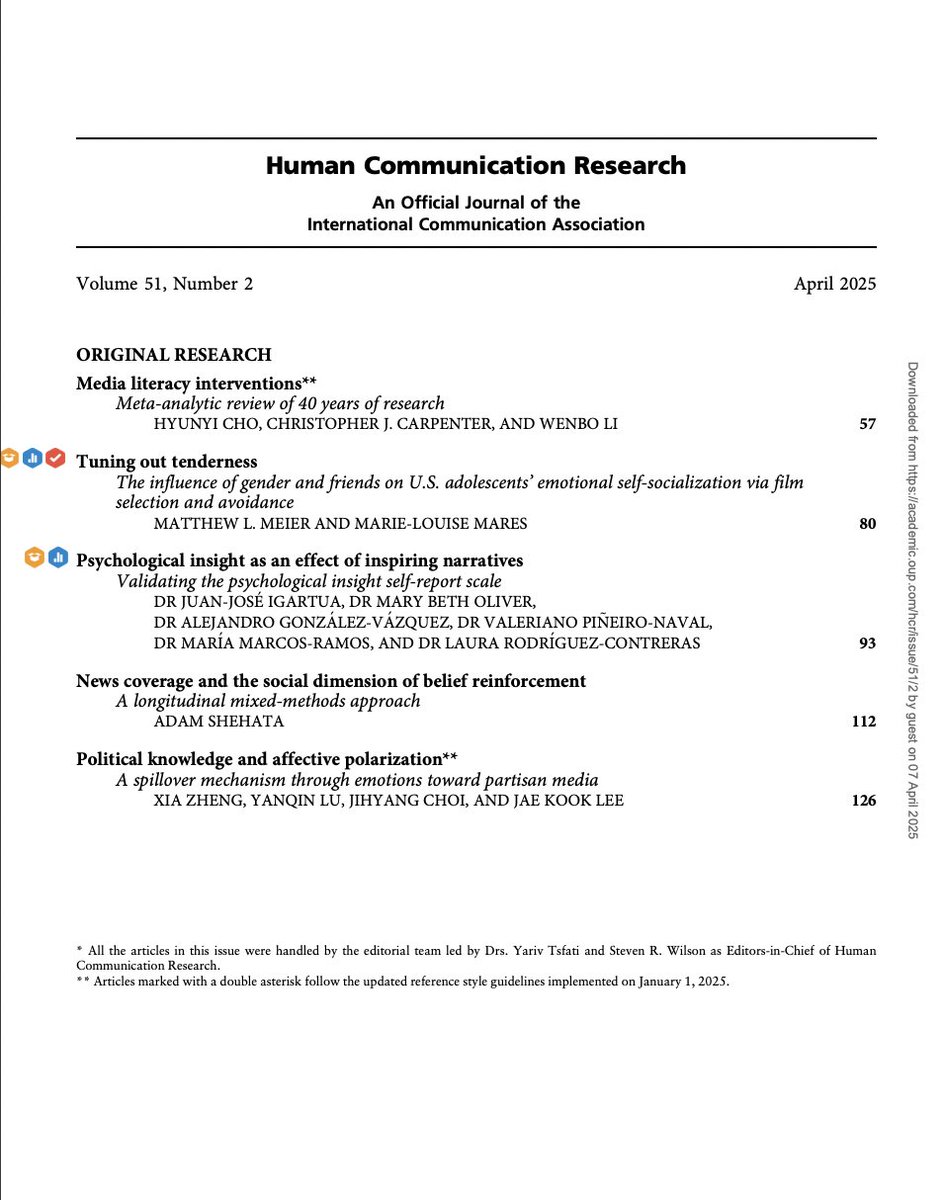 Human Communication Research (@hcr_journal) on Twitter photo New <a href="/HCR_Journal/">Human Communication Research</a> issue out now! Vol 51, Issue 2, April 2025! Dive into cutting-edge research on media literacy, teen emotional self-socialization, psychological insights from media, belief maintenance, and political polarization.
Read the full issue here: academic.oup.com/hcr/issue/51/2… New <a href="/HCR_Journal/">Human Communication Research</a> issue out now! Vol 51, Issue 2, April 2025! Dive into cutting-edge research on media literacy, teen emotional self-socialization, psychological insights from media, belief maintenance, and political polarization.
Read the full issue here: academic.oup.com/hcr/issue/51/2…