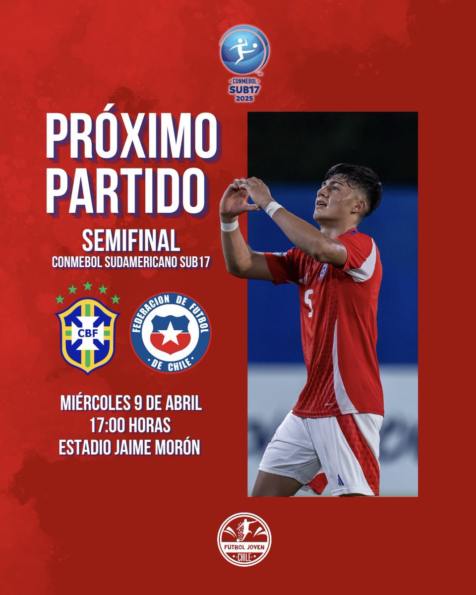 𝐒𝐄𝐌𝐈𝐅𝐈𝐍𝐀𝐋 𝐀 𝐋𝐀 𝐕𝐈𝐒𝐓𝐀 💪⚽️

Este miércoles <a href="/laroja/">Selección Chilena</a> #Sub17 continúa su camino en el CONMEBOL Sudamericano enfrentando a #Brasil 🇧🇷 por las Semifinales. 

Sigue a #LaRoja este miércoles a partir de las 17:00 horas🕔 

📺 <a href="/TVN/">TVN</a> y <a href="/DSports/">DSPORTS</a> 

A DARLO TODO, CABROS 🇨🇱🔥