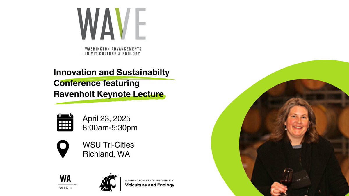 This year’s WAVE combines two events into one—the annual WAVE research seminar &amp; WSU’s Ravenholt Lecture series:

-Sustainable research
-Solutions to winery &amp; vineyard challenges
-Market trends of eco-labels
-Research posters
-Keynote Ravenholt lecture

web.cvent.com/event/230e56e3…