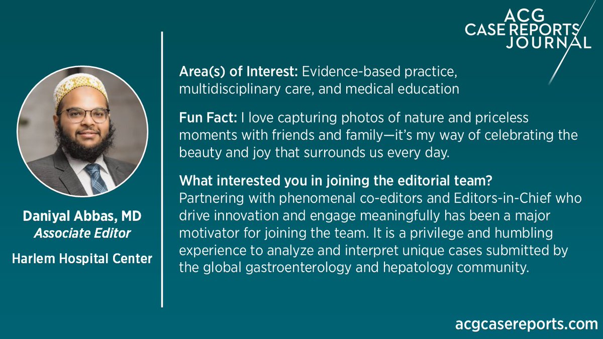 ACGCRJ (@acgcrj) on Twitter photo ACGCRJ Associate Editor Spotlight:
Daniyal Abbas, MD
Harlem Hospital Center
Each month, we will introduce you to one of our valued Associate Editors--learn about their professional interests & personal fun facts!
<a href="/DaniyalAbbasMD/">Daniyal Abbas</a> <a href="/NadeemYousafMD/">Nadeem Yousaf</a> <a href="/PrateekHarne1/">Prateek Harne MBBS, MD</a> <a href="/AmCollegeGastro/">ACG</a> ACGCRJ Associate Editor Spotlight:
Daniyal Abbas, MD
Harlem Hospital Center
Each month, we will introduce you to one of our valued Associate Editors--learn about their professional interests & personal fun facts!
<a href="/DaniyalAbbasMD/">Daniyal Abbas</a> <a href="/NadeemYousafMD/">Nadeem Yousaf</a> <a href="/PrateekHarne1/">Prateek Harne MBBS, MD</a> <a href="/AmCollegeGastro/">ACG</a>