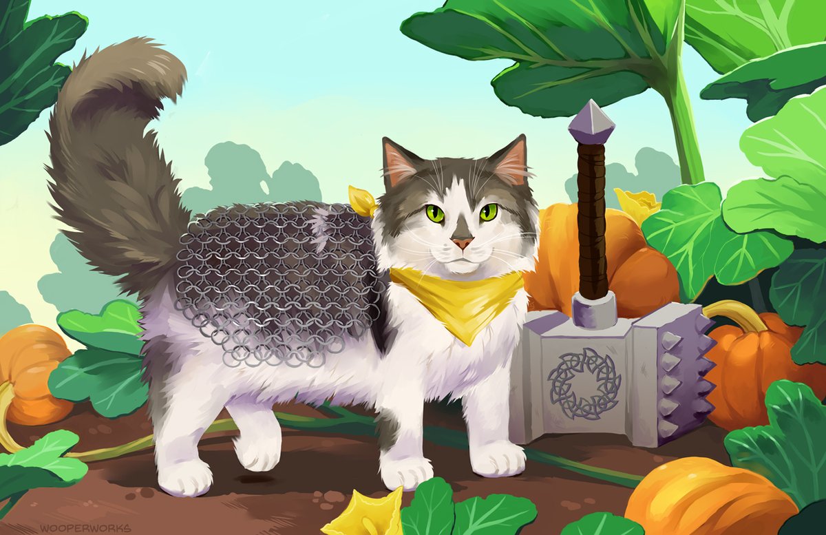 Wooperworks's tweet image. The third image in my cat warrior series, this time of Simon! He&apos;s such a big fluffy guy, and with his specially crafted maul and chainmail, he&apos;ll protect you from any (pumpkin patch centered) dangers :3

#catart #warriorcat #felineart #digitalart #catillustration #kitty