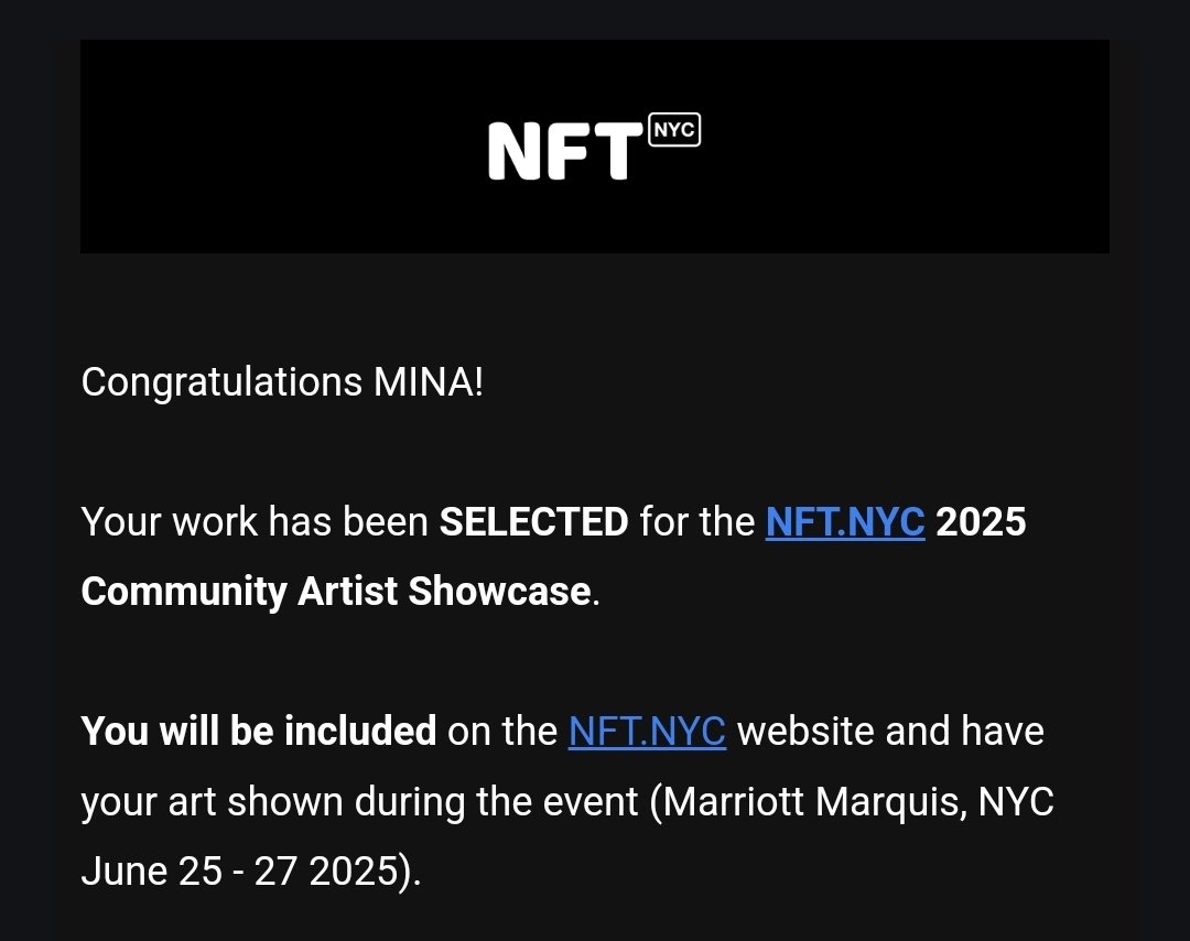 🗽NFTNYC2025 아티스트 쇼케이스 선정🎉

My art will be shown in the Community Artist Showcase at NFT.NYC 2025 (Marriott Marquis, June 25-27)  #NFTNYC2025

I'm so happy to share that my art has been selected for the Community Artist Showcase at