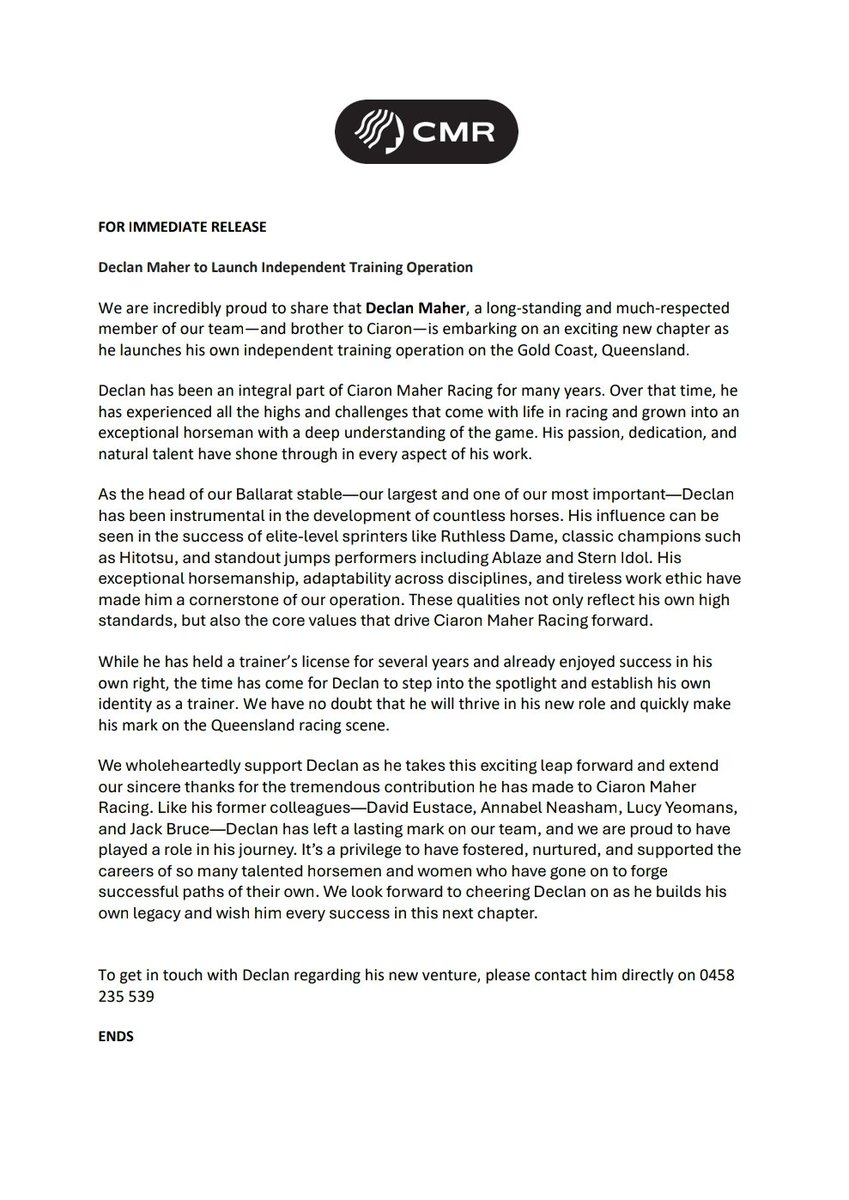 cmaherracing's tweet photo. Declan Maher to launch independent training operation in Gold Coast- Statement https://t.co/dgPQDtVdQT