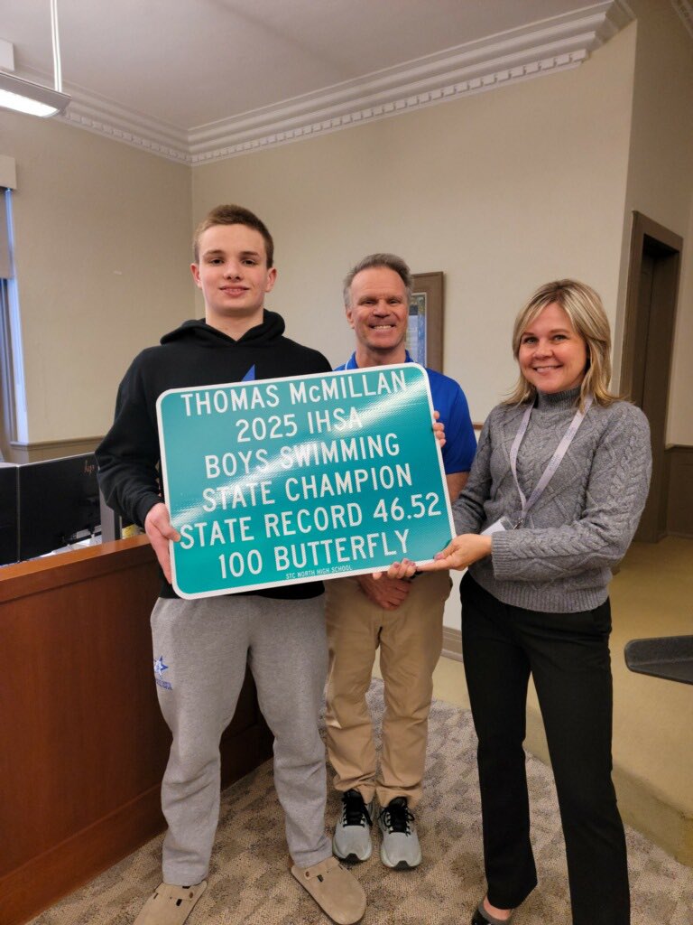 SCN Men’s Swimming and Diving want to thank Mayor Vitek and the City of St. Charles for celebrating Thomas McMillan at tonight’s City Council meeting #cityofStCharles 
#SCNathletics