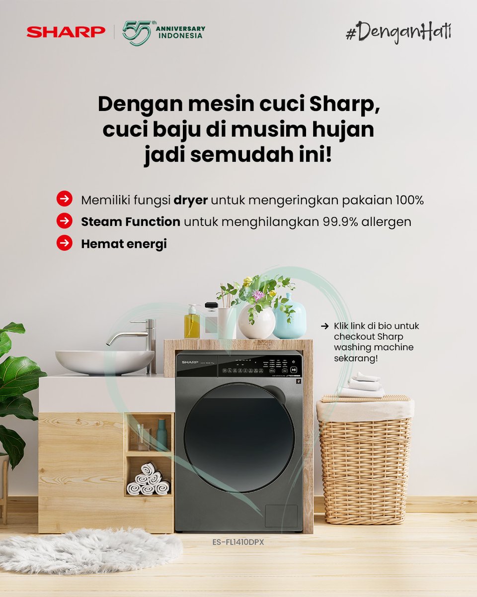 sharpindonesia's tweet image. Ga perlu panik lagi! ☺️
Dengan fitur dryer mesin cuci Sharp, pakaian kering 100% tanpa dijemur. Solusi praktis untuk musim hujan!
Dapatkan mesin cuci Sharp series ES-FL1410DPX sekarang!
#WashingMachine #MusimHujan #Hujan #SHARPIndonesia #PintarPakaiSharp