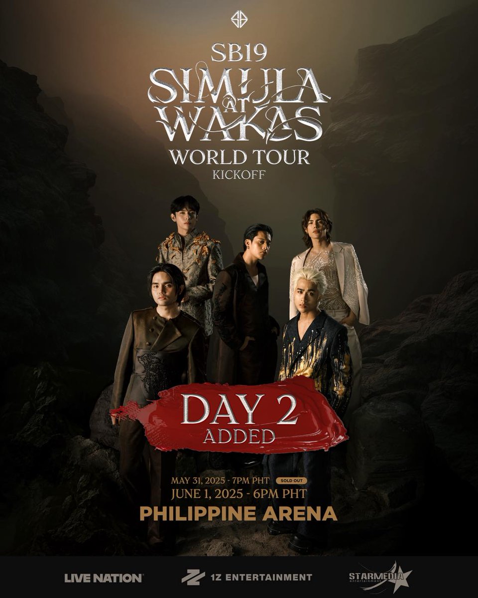 PhilippineStar's tweet photo. LAKAS NG A'TIN, NILAPAGAN NG DAY 2! 💙

P-pop group SB19 announced on Sunday that they will be adding a second show for their "Simula at Wakas" world tour kickoff, which will be held on June 1, 2025, at the Philippine Arena.

Further details on tickets and the show have yet to be announced. (Facebook/SB19)