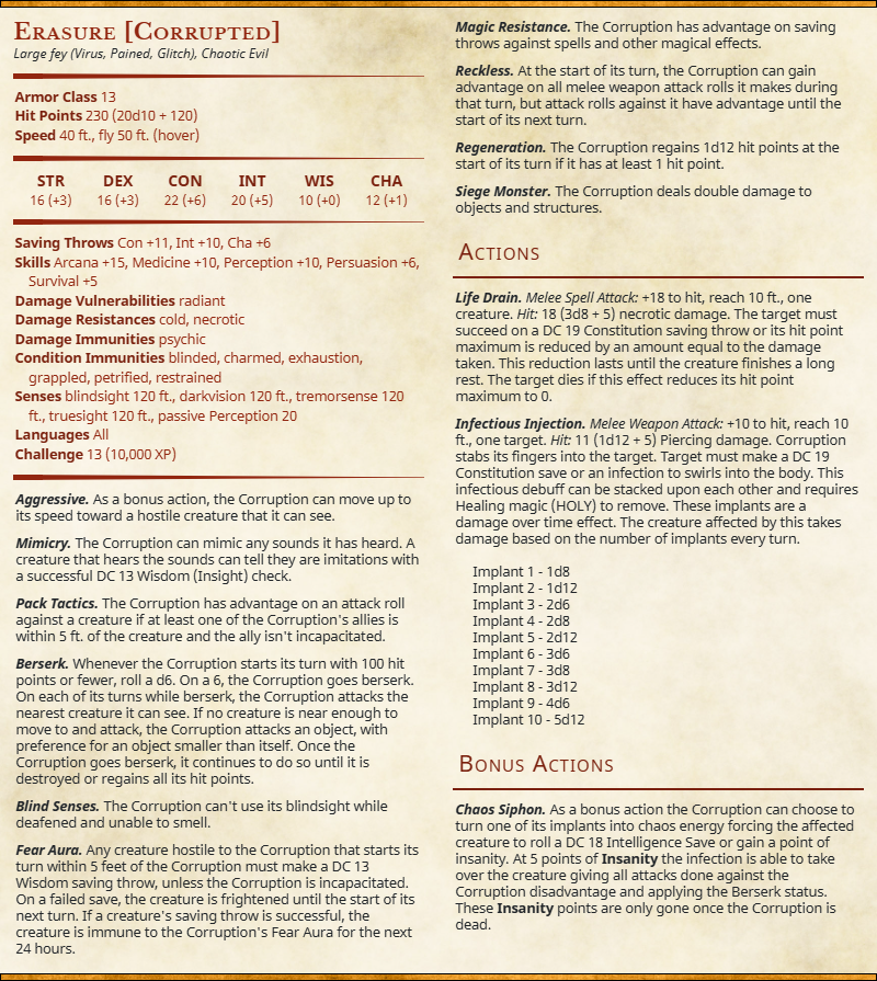 A multiple stage hivemind bio virus that I made. 
DND 5e. 
Erasure (Stage 1) is the strength aspect of the monster, this is while the monster has control of a barbarian. 
Erasure [Corrupted] is second stage, where it has created a temp body for itself outside of the hivemind.