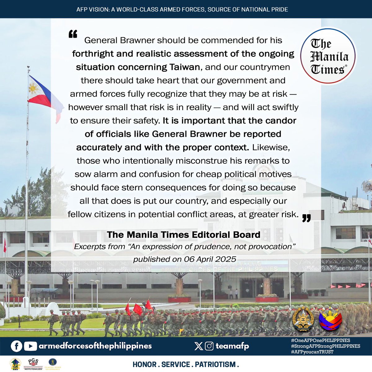 CLARITY AND TRUTH FOR NATIONAL SECURITY | An editorial article by The Manila Times underscores the importance of responsible reporting and commends AFP Chief of Staff, General Romeo S Brawner Jr for his candid and realistic assessment of regional developments. It calls for unity,