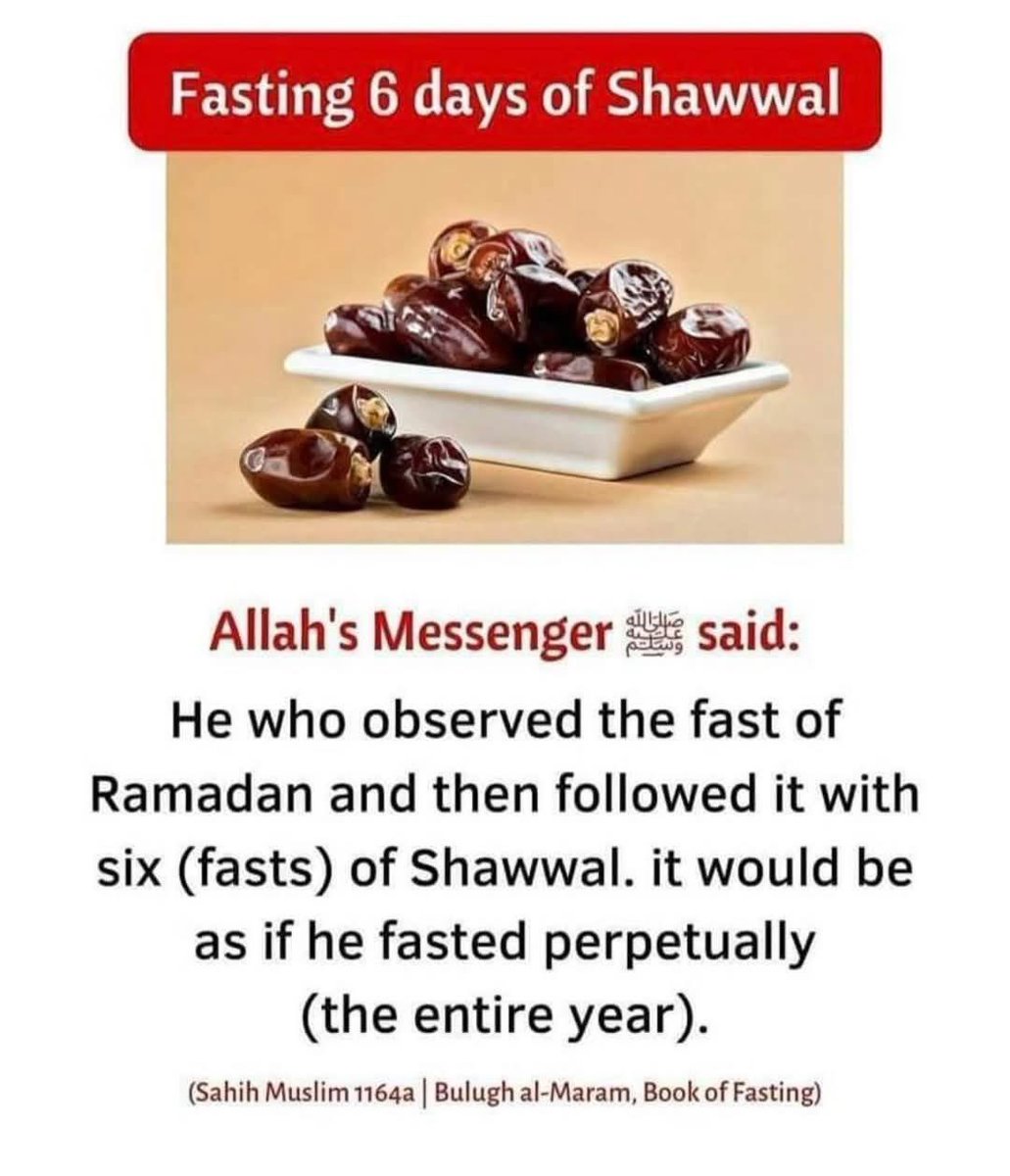 _strivingmuslim's tweet image. ☪️ Virtues of Fasting 6 Days of Shawwal 

☪️Fasting 6 days of Shawwal after the obligatory fast of Ramadan is Sunnah. It is recommended for the Muslim to fast six days of Shawwal, and in this, there is great virtue and an immense reward. 📌

Abu Ayyub (may Allah be pleased with…