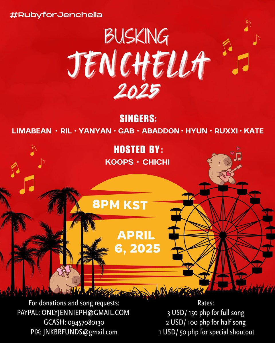 🔊BUSKING FOR JENCHELLA Are you ready for tonight? 📌 Space 🗓️ 6. April  (Sun) / 8 PM KST #️⃣ RubyForJENCHELLA We have 7 buskers to join us tonight  for #JENNIE 👀🎸 Send