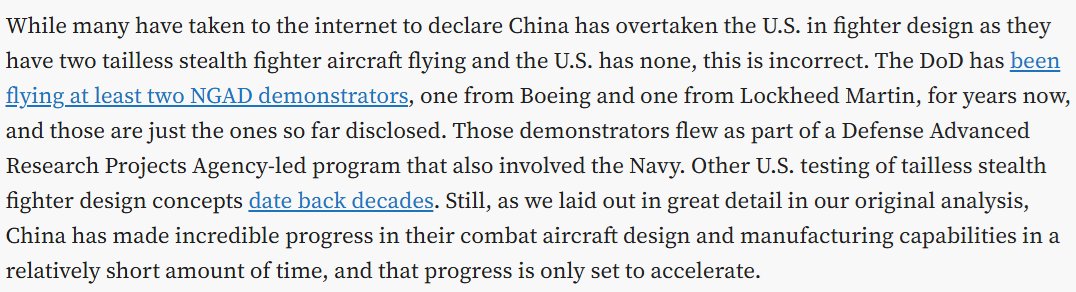 The easiest way to measure this (screenshot), is to await F-47 EMD prototypes and compare with the Boeing 2019 NGAD demo -- then compare the difference with CAC's J-36 and SAC's jet to see if the airframes currently flying are EMD stage prototypes or not.