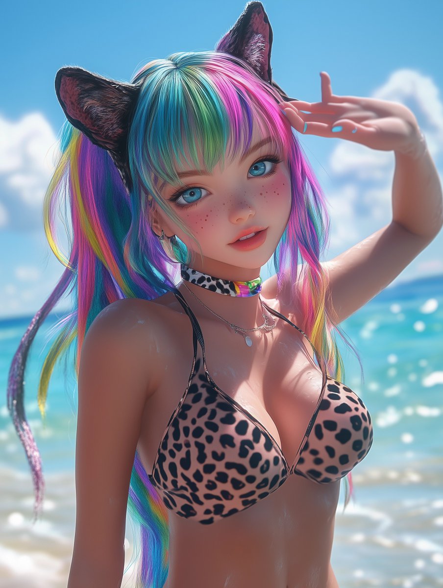 TokyoLeoGirls's tweet photo. 静止画から動画を生成するAIがすごい・・・・  なぜ海は波打ち、下のビキ���は豹柄だと想像できるのだろ・・・ついにAIは人の想像力を超えるのか・・・   
#豹柄ファッション #猫耳 #水着 #aiart #animalfashion #leopardfashion #leopardprint #catear #TLGC #KlingAI https://t.co/rSBMMU4Dje