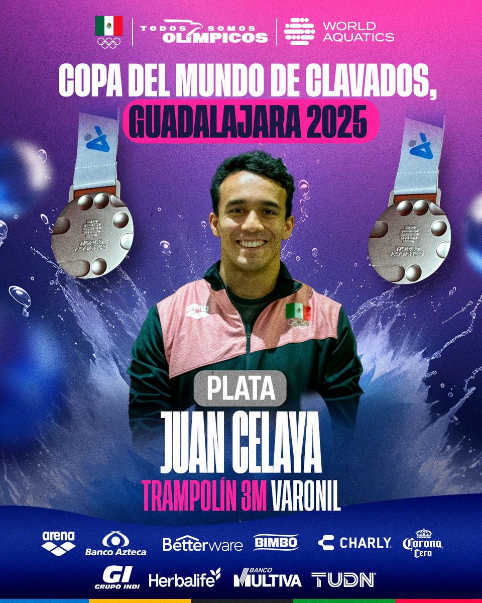 Plata para Juan Manuel Celaya en casa 🥈🇲🇽

Gran actuación de <a href="/JuanCelaya/">Juan Celaya OLY</a> en el trampolín 3m durante la Copa del Mundo de Clavados Guadalajara 2025.
Talento, constancia y mucha clase en cada clavado. 👌

#TodosSomosOlímpicos