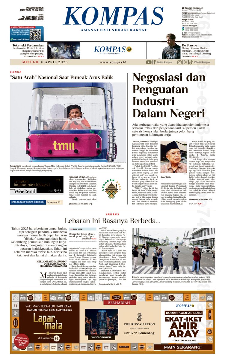 Selamat pagi Sahabat Kompas. Tahun 2025 baru berjalan empat bulan, tapi sebagian penduduk Indonesia rasanya menua lebih cepat lantaran "dihajar" tantangan tiada henti. Tahun ini Lebaran terasa lain: berusaha tak larut dan lumat dimakan derita.

Baca beritanya di sini