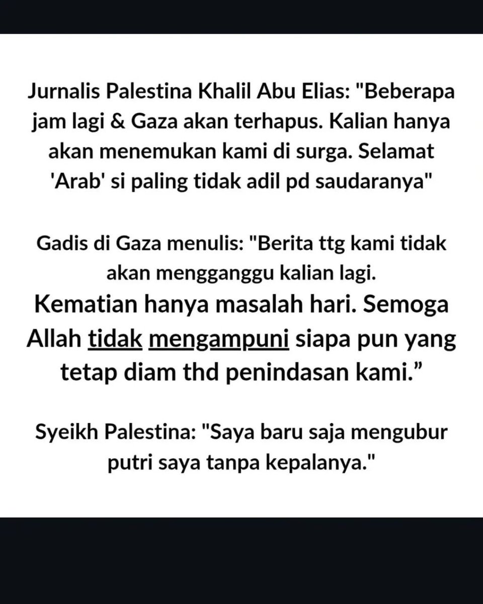 akuntwiter968's tweet image. Gadis di Gaza 🇵🇸 Menulis :

"Berita tentang Kami tidak akan Mengganggu kalian Lagi.
Kematian hanya Masalah Hari, Semoga Allah TIDAK MENGAMPUNI Siapapun yang tetap Diam terhadap Penindasan yg Kami alami".

#FreePalestineNow 🇵🇸🇵🇸🇵🇸🇵🇸