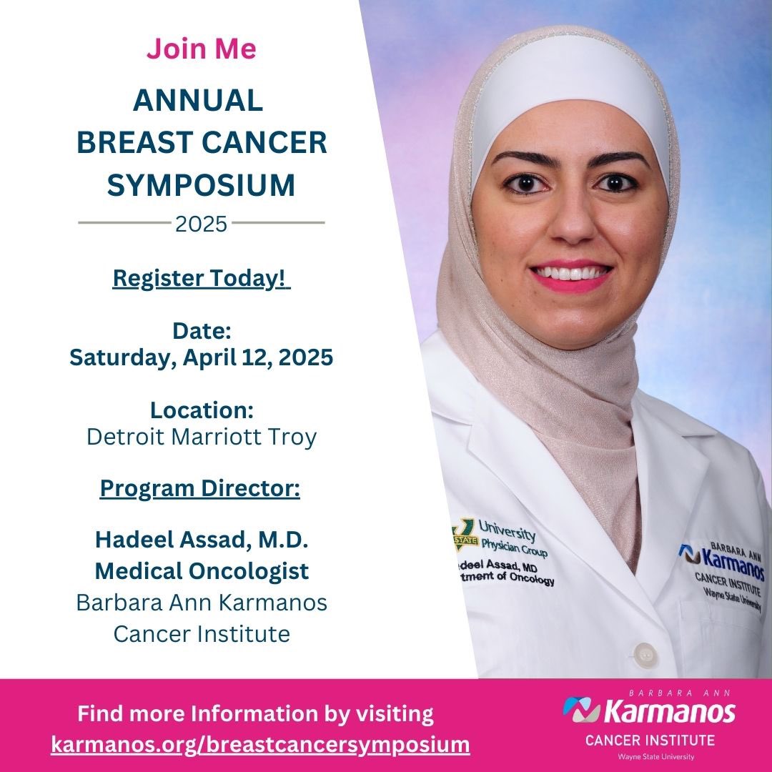 Hadeel Assad, MD (@hadeel97574715) on Twitter photo <a href="/karmanoscancer/">Karmanos Cancer Institute</a>
Please join me for Karmanos Cancer Institute’s Annual Breast Cancer Symposium on April 12, 2025, in Troy, MI. Register at karmanos.org/breastcancersy… to secure your spot today. I look forward to seeing you there! <a href="/karmanoscancer/">Karmanos Cancer Institute</a>
Please join me for Karmanos Cancer Institute’s Annual Breast Cancer Symposium on April 12, 2025, in Troy, MI. Register at karmanos.org/breastcancersy… to secure your spot today. I look forward to seeing you there!