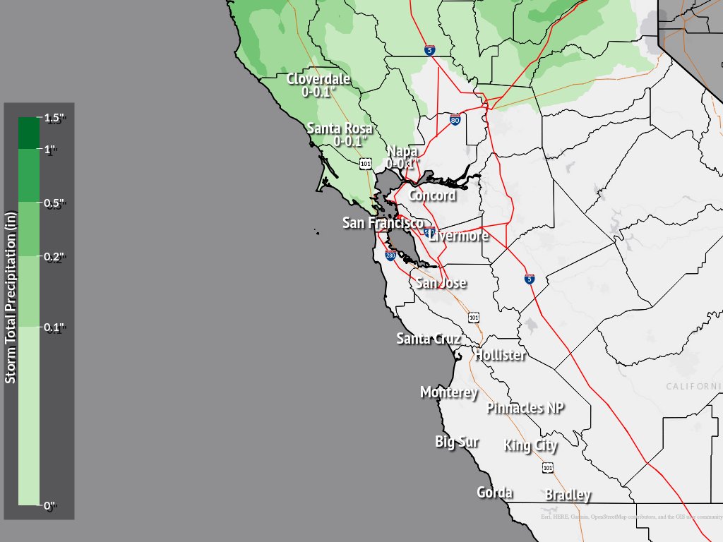 NWSBayArea's tweet photo. 🌦️We're expecting some light rain in the North Bay Sunday night and the 7-day forecast looks dry after that. So, is the rainy season over? https://t.co/CrDekKURg2