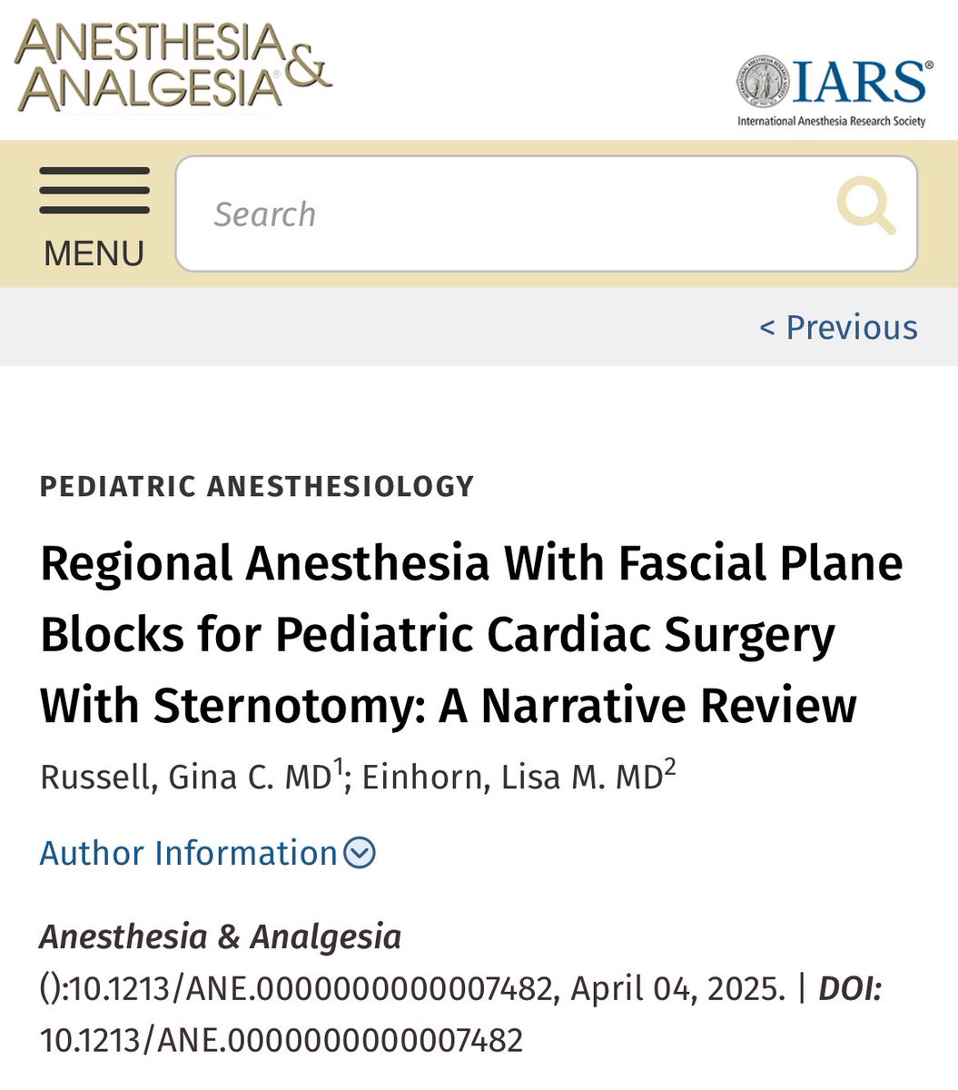 Lisa Einhorn, MD (@lisaeinhornmd) on Twitter photo 📣 Everything you could ever want to know about using #regionalanesthesia for congenital cardiac surgery 👉🏼 journals.lww.com/anesthesia-ana…
🎉 Co-authored by Dr Gina Russell, <a href="/Duke_Anesthesia/">Duke Anesthesiology</a> CA3 and future pediatric anesthesia fellow! <a href="/PediAnesthesia/">SPA</a> <a href="/PedsPainMed/">Society for Pediatric Pain Medicine</a> <a href="/PedsCardiacAnes/">CCAS</a> 📣 Everything you could ever want to know about using #regionalanesthesia for congenital cardiac surgery 👉🏼 journals.lww.com/anesthesia-ana…
🎉 Co-authored by Dr Gina Russell, <a href="/Duke_Anesthesia/">Duke Anesthesiology</a> CA3 and future pediatric anesthesia fellow! <a href="/PediAnesthesia/">SPA</a> <a href="/PedsPainMed/">Society for Pediatric Pain Medicine</a> <a href="/PedsCardiacAnes/">CCAS</a>