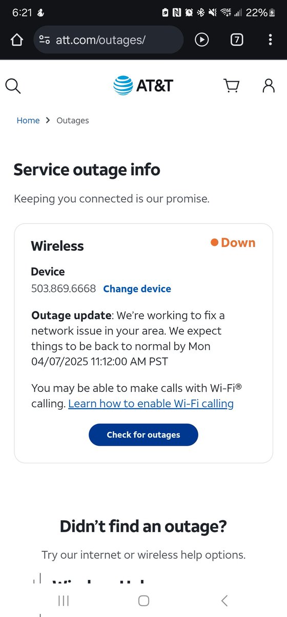 miziv's tweet photo. How is the an outage in my area but my husband and my moms phones on my plan are doing just  @ATT !!!

I'm not getting any mobile service when I'm not connected to wifi.  Ridiculous! https://t.co/s2vVRl3hfy
