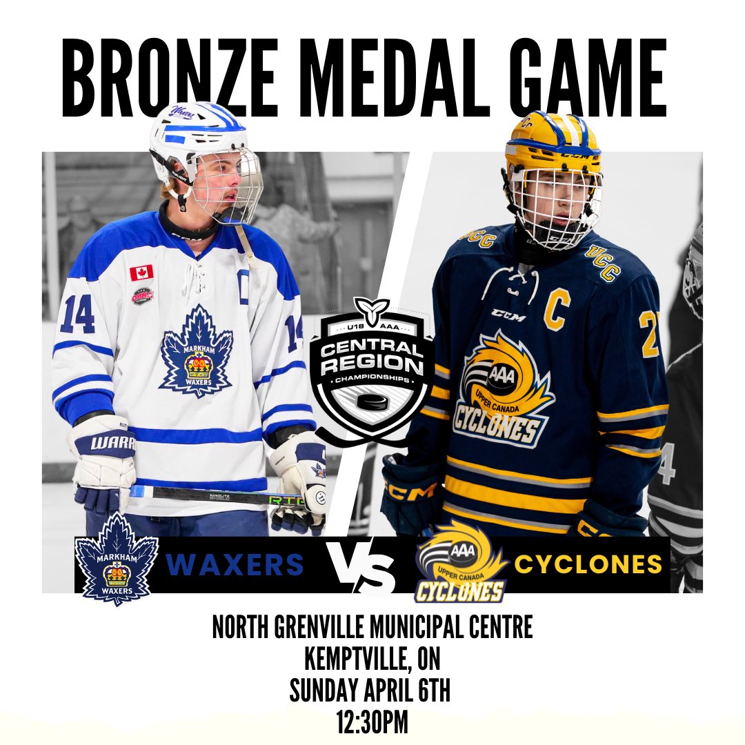Championship Sunday 🏆

Gold Medal Game 🥇

Kings 🆚 Canucks

📆 Sunday April 6, 2025

⏰ 3:45pm

📍 North Grenville Municipal Centre

Bronze Medal Game 🥉

Waxers 🆚 Cyclones

📆 Sunday April 6, 2025

⏰ 12:30pm

📍 North Grenville Municipal Centre

#RoadtotheTelusCup