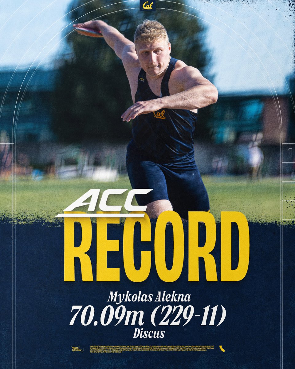 CalTFXC's tweet photo. ๐๐๐๐๐๐ ๐๐ ๐๐๐.
Mykolas Alekna sets a new @theACC discus record - and World lead - in his season opener with a mark of 70.09m (229-11)!!
#GoBears๐ป https://t.co/AkHnqXSqt2
