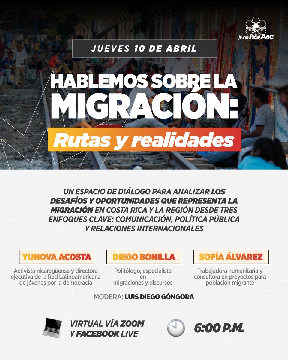 Sumate a nuestro conversatorio virtual "Hablemos sobre la migración" este jueves 10 de abril, donde exploraremos cómo la comunicación, la política pública y las relaciones internacionales dan forma a las experiencias migratorias en Costa Rica y la región.

¡Guardá la fecha! 🐝