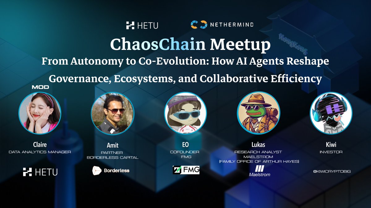 hetu_protocol's tweet photo. 🤖 Panel Drop #4 at ChaosChain Meetup 

From Autonomy to Co-Evolution: How AI agents are reshaping governance, ecosystems, and collaborative efficiency.

Forget top-down control — we’re entering a world where agents co-evolve with us, not just for us.
Coordination at the edge.

- @CClaireX Data Analytics Manager @hetu_protocol
- @amitm_eth Partner @borderless_cap
- E0 co-founder of @fmgroupxyz
- @lukasruppert  Analyst of @MaelstromFund
- @KiwiCryptoBig Investor

@hetu_protocol x @nethermind

#AI #Web3 #Governance #Coordination #AgentEconomy